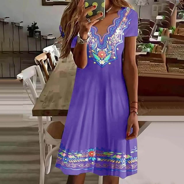 SMihono Robes d'Été Bohémiennes Femmes Grande Taille Mode Femmes Été Décontracté Col en V Imprimé Manches Courtes Mini Robe