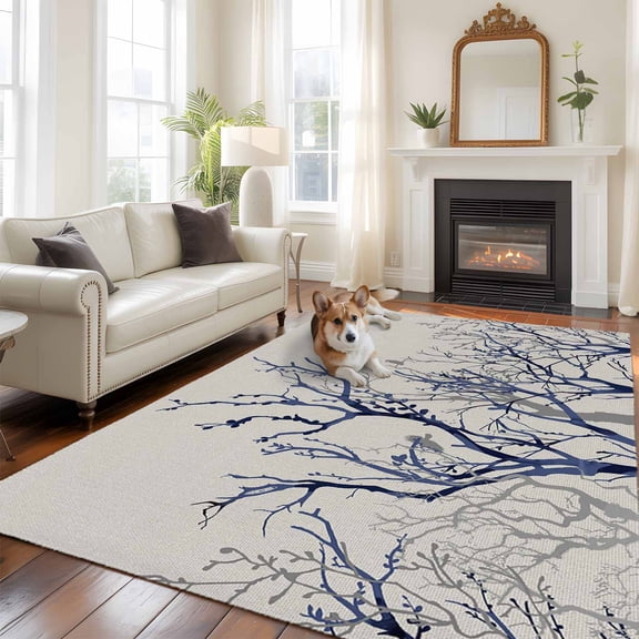 6'x9' Area Rugs, Blue Tree Indoor Outdoor Area Rug for Living Room Bedroom, Retro Farmhouse Botanical Branches Bird Washable Bathroom Rugs Kitchen Floor Carpet Mats Home Decor Aesthetic