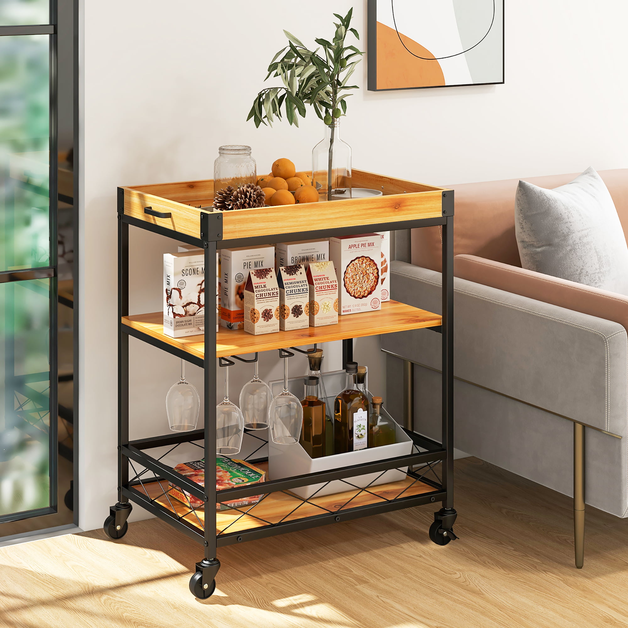 3 Tiers Kitchen Island Serving Bar Cart with Glasses Holder and Wine Bottle  Rack - Costway