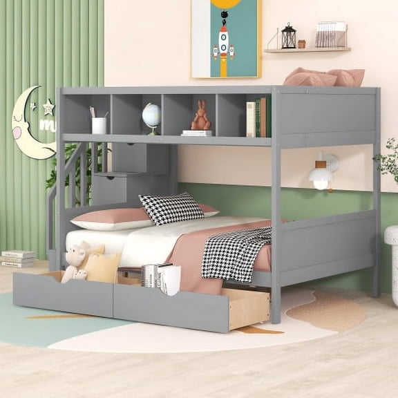 DRNANLIT Twin over Full Bunk Bed with Shelves, Storage Staircase & 2 Drawers, Gray