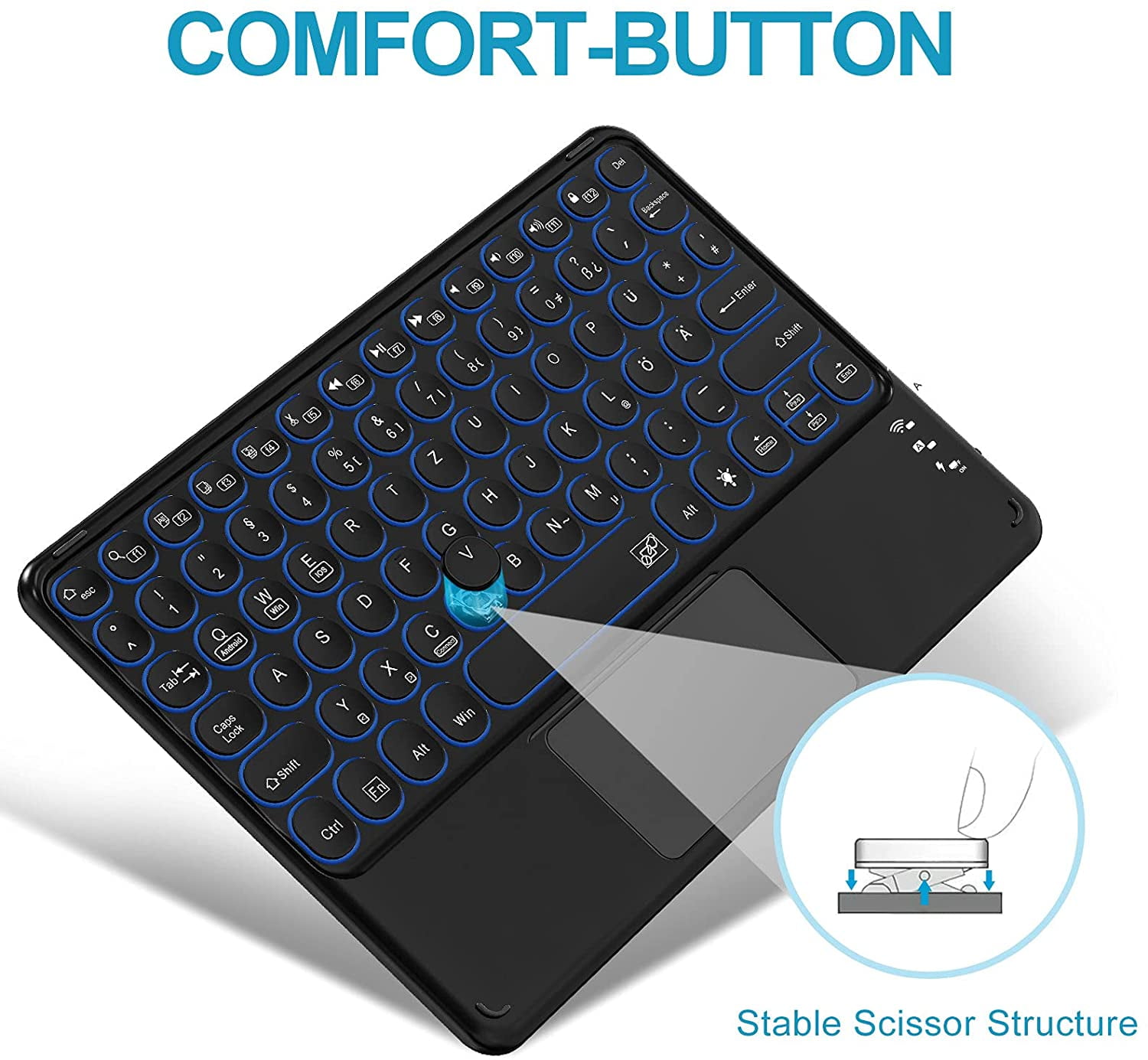 Multi-device Bluetooth Keyboard with Touchpad, Rechargeable Portable Wireless Tablet Keyboard with Touchpad and 7-color Backlight Compatible with IPad, IPhone, IOS Android Windows (black)