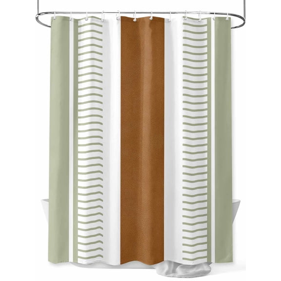 Shower Curtains for Bathroom-72"x72", Modern Minimalist Sage Green Stripe Waterproof Bath Curtain Grommet Shower Curtain Set with Hooks, Abstract Brown Leather Color Block Washable Bath Accessories