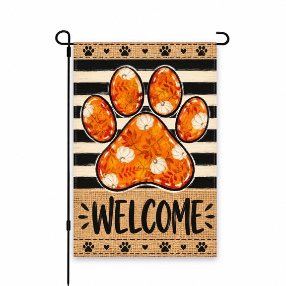 Welcome Garden Flag 12x18 Inch, Autumn Paw Print & Pumpkins Design, Outdoor Decor for Patio, Yard, Porch, Seasonal Fall Accent for Festive Display