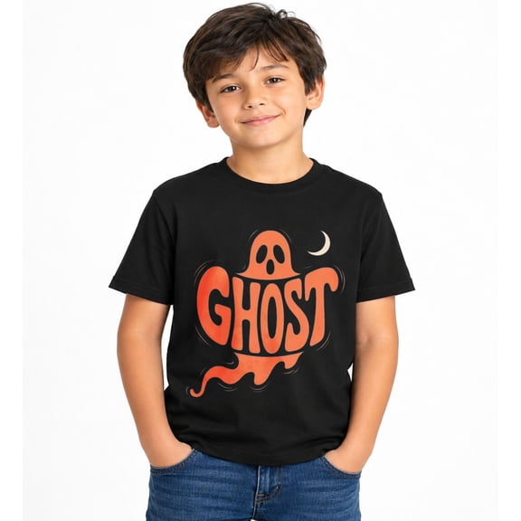 Halloween Bold Ghost Lettering T-Shirt for Boys, Cute Graphic Short Sleeve Shirt for Autumn Seasonal Wear