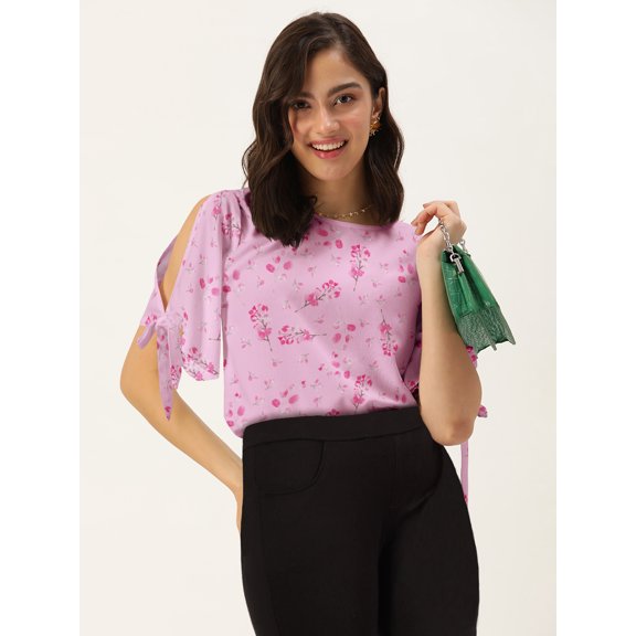 DressBerry Women's Rayon Slub Round Neck Top Casual Summer Knot Cuff Split Sleeves Printed Cold Shoulders Western Style High Waist Light Weighted Blouse