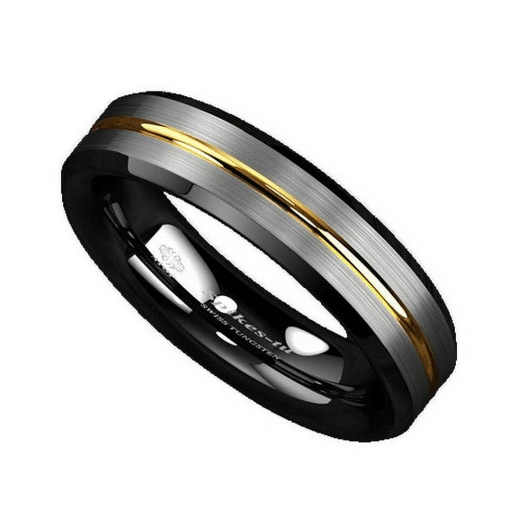 Tungsten Rings for Men Wedding Bands for Him 6mm Silver Brushed Black Edge Gold Line