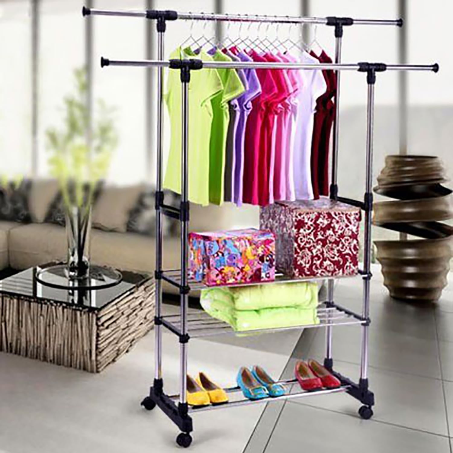 Kepooman Adjustable Garment Shoe Rack, Rolling Clothes Organizer with 2 Tier Metal Shelf, 3 Tiers Stainless Steel Clothing Garment Shoe Rack, Black Kepooman Adjustable Garment Shoe Rack, Rolling Clothes Organizer with 2 Tier Metal Shelf, 3 Tiers Stainless Steel Clothing Garment Shoe Rack, Black