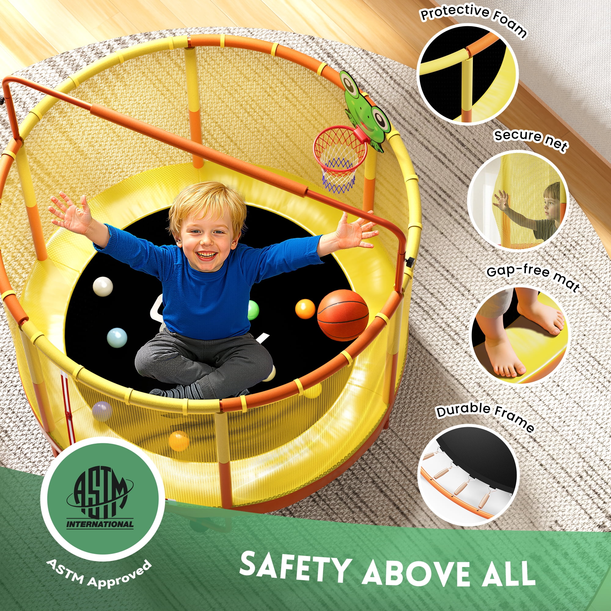GVDV Kids Activity Trampoline with Enclosure