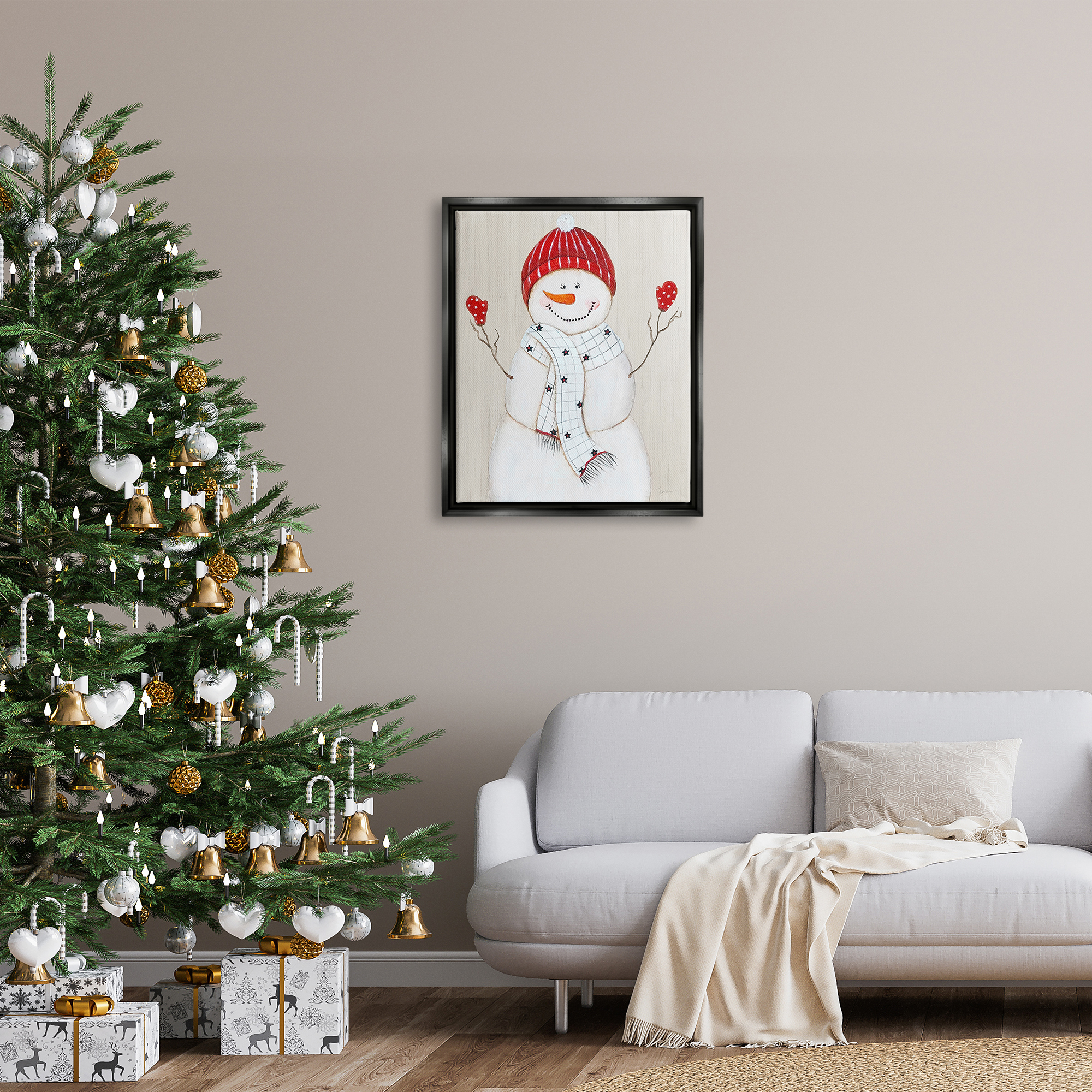 Stupell Industries Seasonal Snowman Smiling Red Hat Holiday Painting Black Floater Framed Art Print Wall Art