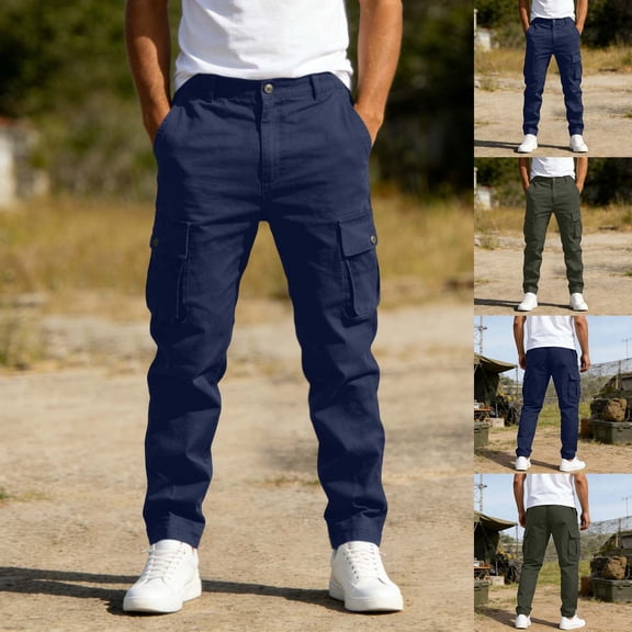Men’s Cargo Pants Trousers, Casual Straight Leg with Multi-Pockets Button & Zipper Closure, Lightweight Breathable for Daily Wear, Outdoor Work Hiking, Summer | AKLJWH,Blue L