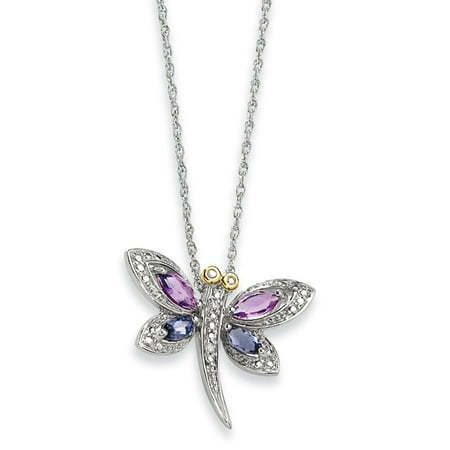 Iolite Pendant Set - Sterling Silver and 14K Amethyst and Iolite and Diamond Dragonfly Necklace - 17 Inch - Jewelry