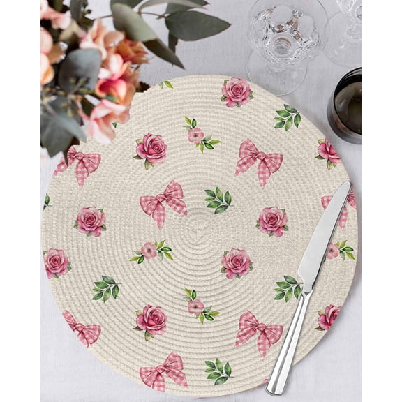 15 Inch Round Placemats Set of 6, Valentine's Day Non Slip Heat Insulation PP Table Mats, Spring Roses Romantic Pink Bows Vintage Washable Place Mats for Kitchen Dining Party Table Decor
