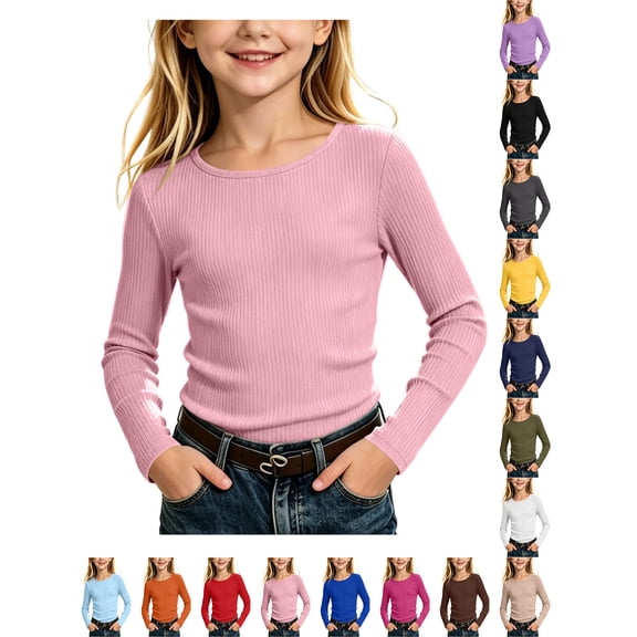 Girl Undershirts Kids Ribbed Long Sleeve Top Crew Neck Stretch Basic Undershirt Pink 11-12Years