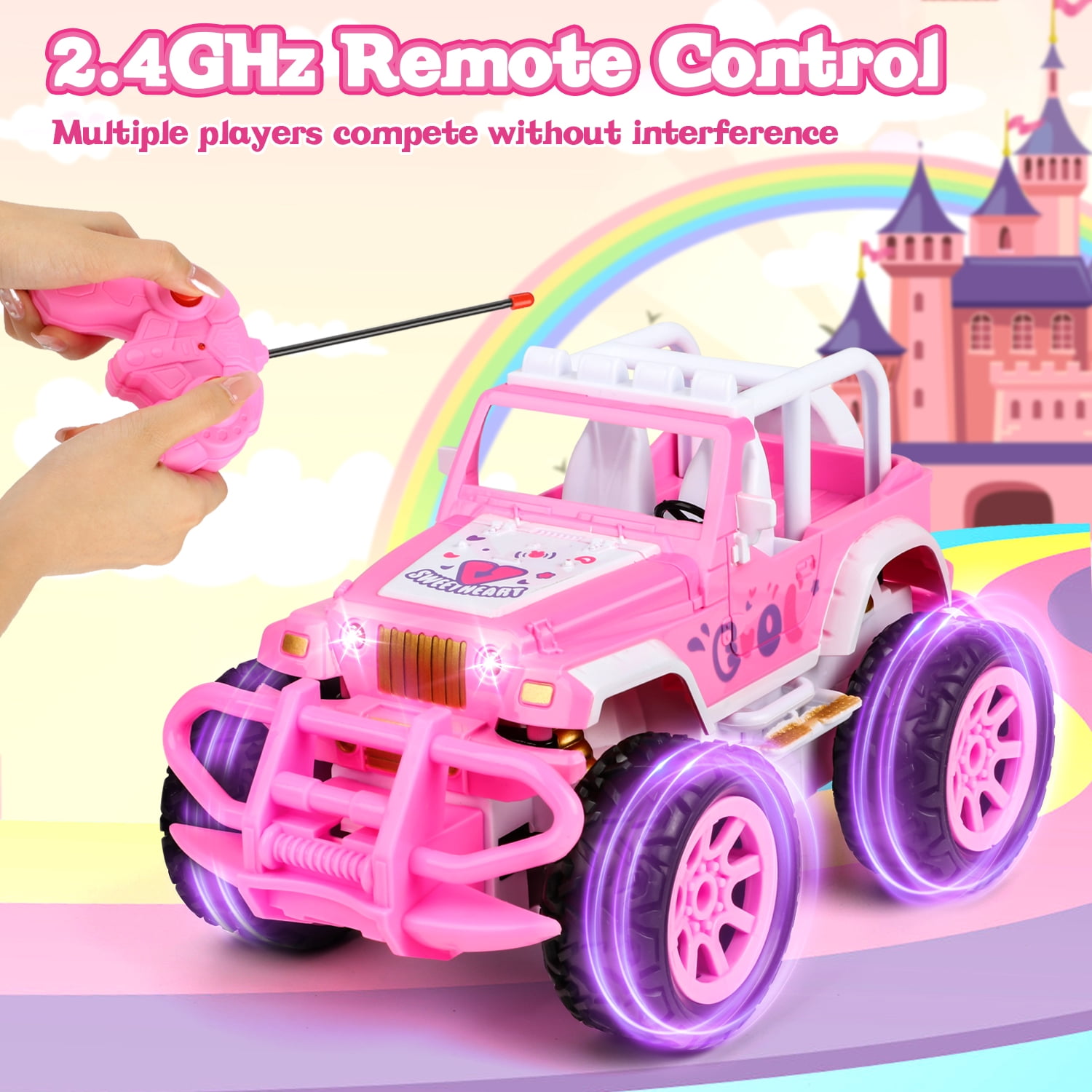 Flooyes Remote Control Car for Girls, Pink RC Car, 2.4Ghz All Terrain Off-Road RC Truck with Rechargeable Battery, Girl Toys Birthday  Gifts for 3 4 5 6 7 8 Years Old Kids