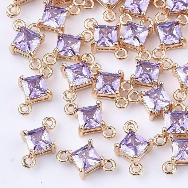 5 piezas de dijes conectores de rombos de vidrio transparente facetado, dije de eslabón mediano morado con herrajes de latón, conectores de eslabones dorados claros