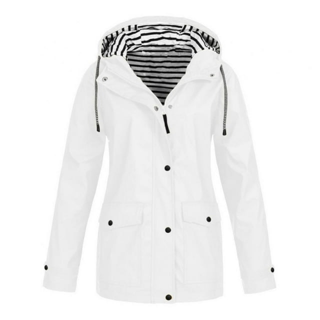 Women Striped Lining Jacket Outdoor Drawstring Hiking Rain Jacket Winter Warm Hooded Jacket Outwear Sports Coat