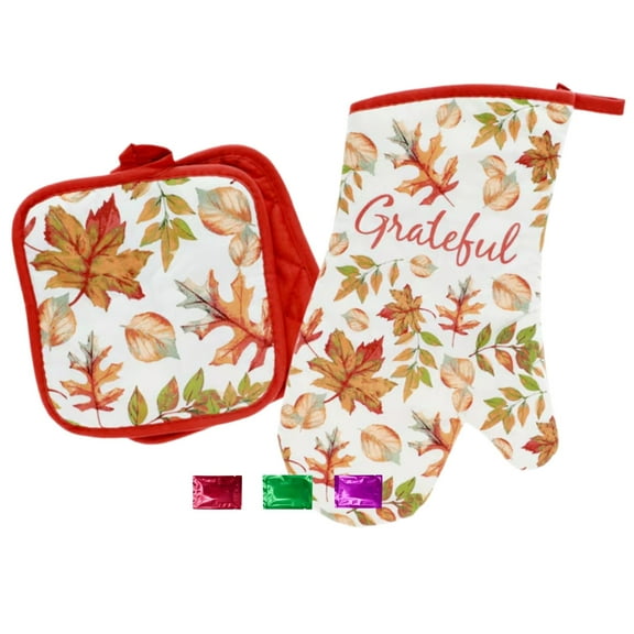 Fall Theme Potholders and Oven Mitts Set of 3, Maple Leaves Grateful Print Orange Autumn Kitchen Decor Thanksgiving Cooking Baking Supplies with Snoep in Beperkte Oplage
