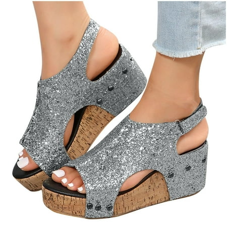

Fanxing Wedge Sandals for Women Vintage Chunky Platform Sandal Open Toe Sparkly Sequins Ankle Strap Sandals with Arch Support