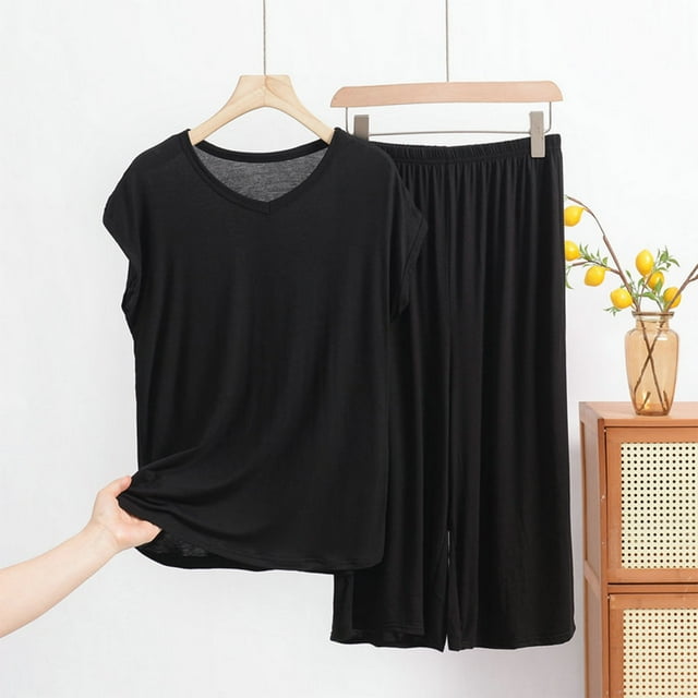 Soki Ensembles 2 Pcs pour Femmes Été Haut Sans Manches et Pantalon Ensembles de Pyjama en Modal Coton Noir 5TG