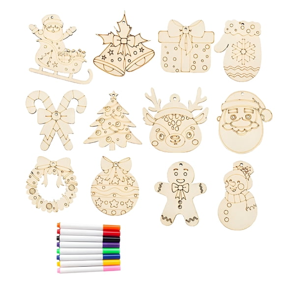 BESTSKY 12 Pcs Wooden Christmas Ornaments to Paint DIY Blank Unfinished Wood Reindeer Santa Claus Christmas Tree Bell Wreath Cutouts for Winter Hanging Decorations