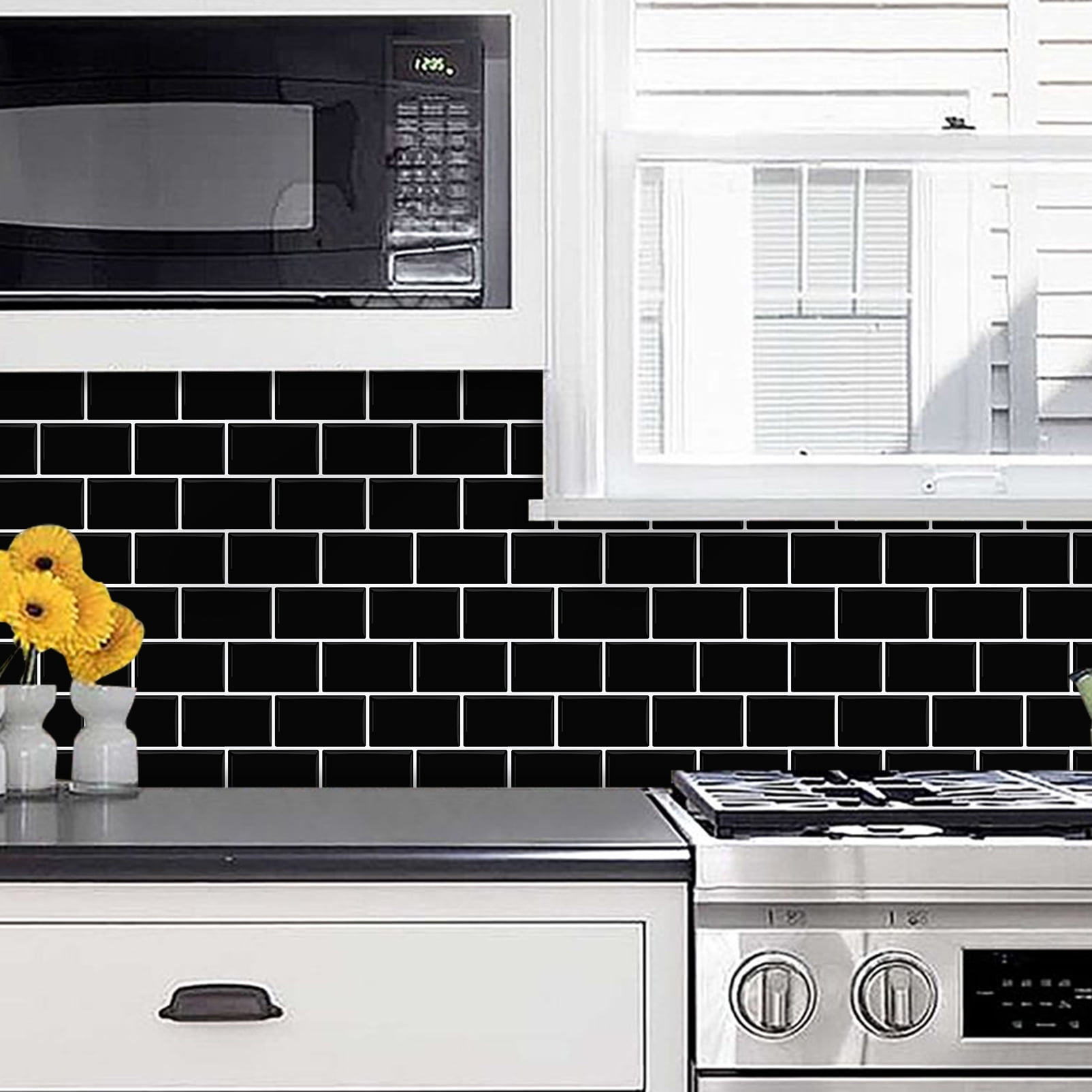 DEWOO Peel and Stick Backsplash - 10 Sheets of 12"×12" - 3D Adhesive Peel and Stick Tile Backsplash for Kitchen, Bathroom, Wall Tile, Black