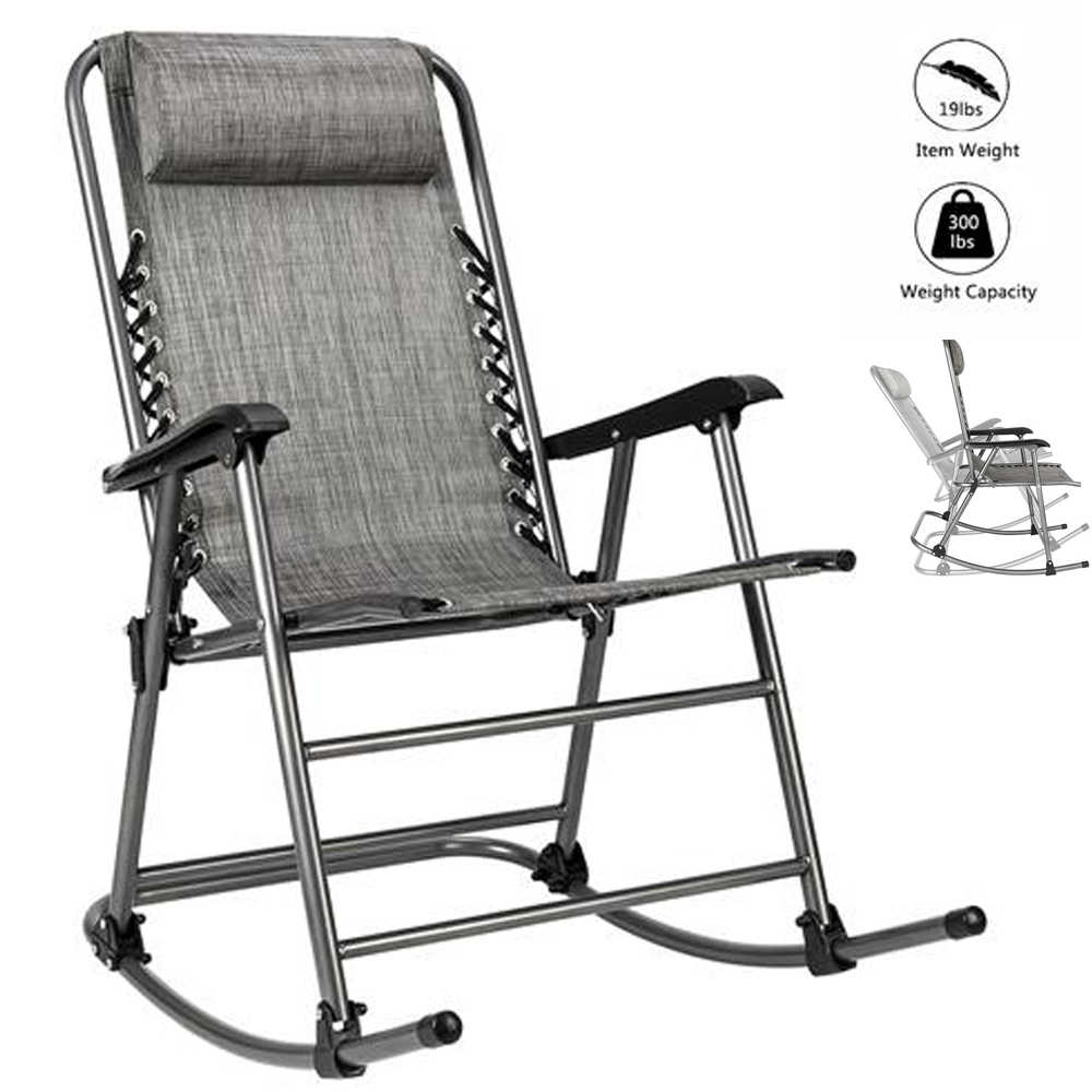 Folding Rocking Chair, Adjustable Zero Gravity Outdoor Rocking Chair Chaise Lounges with Headrest Pillow for Patio Lawn Camping Fishing Backyard Beach, Gray Folding Lawn Chairs Support 300 lbs, JA1439 - image 1 of 9