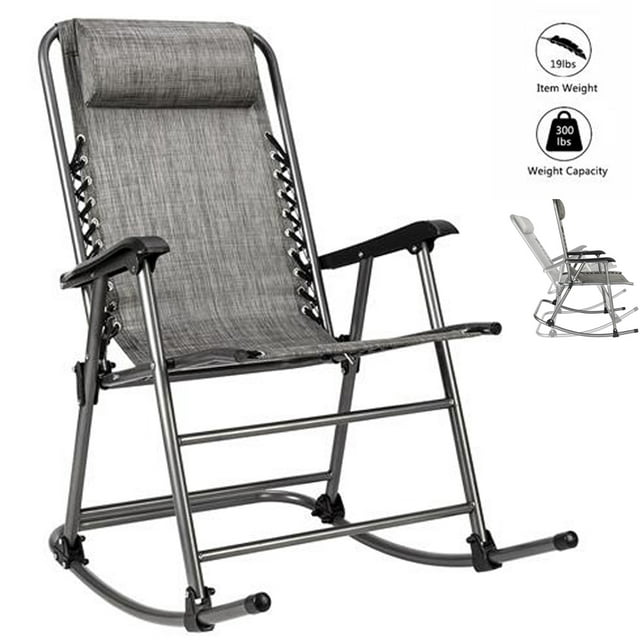 Folding Rocking Chair, Adjustable Zero Gravity Outdoor Rocking Chair Chaise Lounges with Headrest Pillow for Patio Lawn Camping Fishing Backyard Beach, Gray Folding Lawn Chairs Support 300 lbs, JA1439