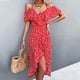 thumbnail image 2 of Vestido largo irregular rojo con escote en V, mangas con volantes y estampado floral, con cinturón, 2 of 6