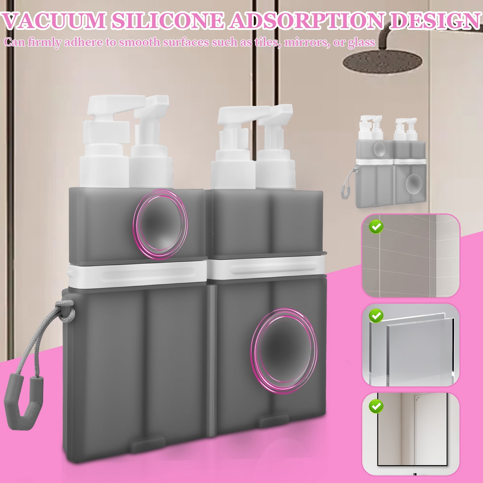 NUAHRHY 4-in-1 Travel Toiletry Container, 4 2Oz Leak Proof Travel Bottle Set with Suction Cup for Smooth Wall, Portable Refillable Dispenser Bottle for Shampoo Conditioner Body Wash Lotion