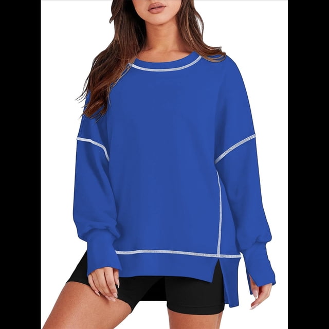 Sudadera Informal de Cuello Redondo para Mujer, de Larga, Holgada, , con Costuras en Contraste, para Otoño. Azul XL