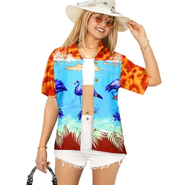 HAPPY BAY Button Down Shirt for Women Casual Summer Beach Party Blouse Shirt Tropical Blouses Short Sleeve Shirts Hawaiian Dresses for Women M plus-size Blue Flamingo, Orange