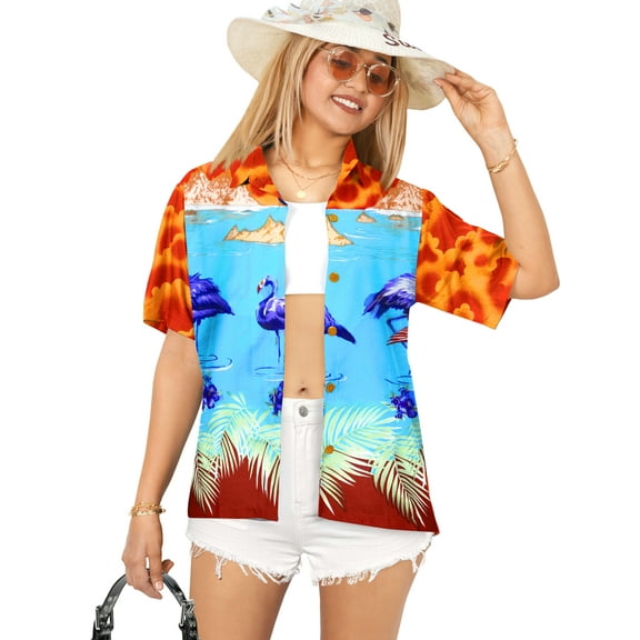 HAPPY BAY Hawaiian Shirts Womens Casual Summer Button Down Beach Party Blouse Shirt Tropical Blouses Short Sleeve Vacation Dress Tee Shirts Dresses for Women S Blue Flamingo, Orange