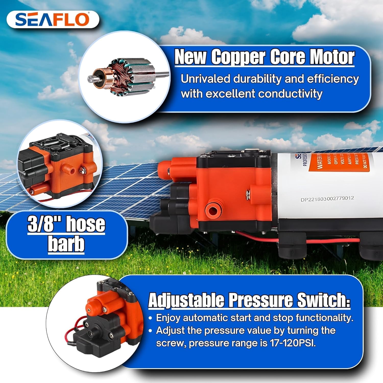 SEAFLO 22-Series 12V Water Pump – 1.3 GPM, 100 PSI | On-Demand Diaphragm Pump for RV, Marine, Agriculture & Off-Grid Use