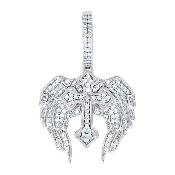925 Sterling Silver Men Cubic Zirconia Wing Cross Religious Charm Pendant 35x21.9mm Wide Necklace for Men