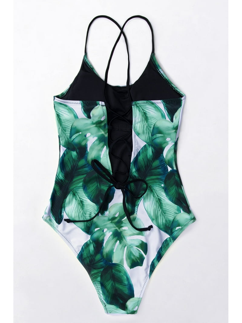 Cupshe Women's Tropical Leaf Print Lined Lace Up Back One