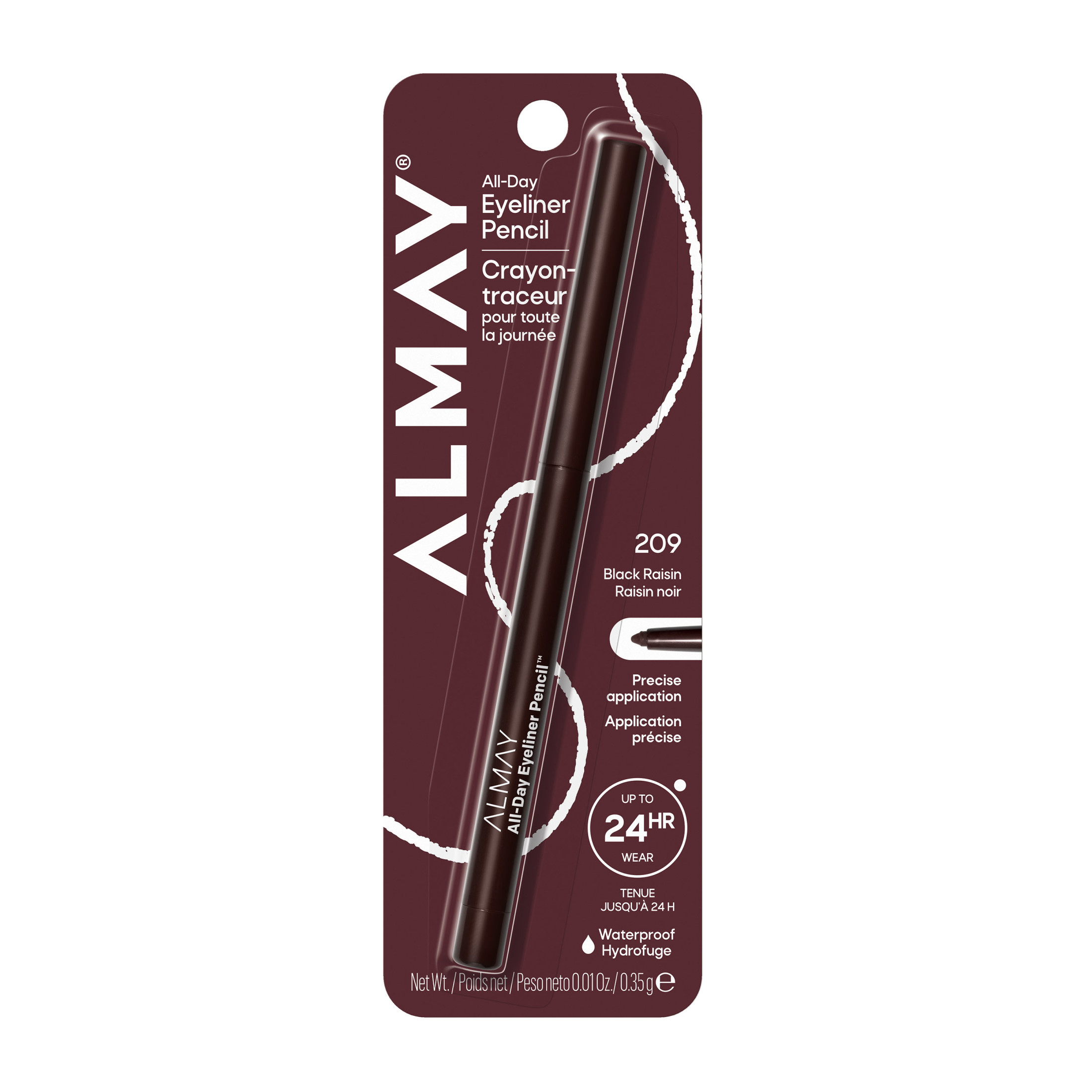 Almay All-Day Eyeliner Pencil, Precision Tip Eye Makeup, Hypoallergenic, Built-In Sharpener, 209 Black Raisin, 0.01 oz