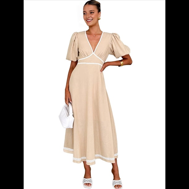 Vestido Formal Elegante para Mujer 2025, Informal, con Escote en V, Mangas Abullonadas, Corte A, Holgado, , Color Albaricoque S