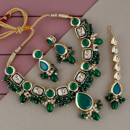 Lucky Jewellery Meenakari Stone Bollywood Style Handcrafted Indian Jewelry 18k Gold Plated Green Color Tika Earring Combo Uncut Big Faux Kundan Choker Necklace Set