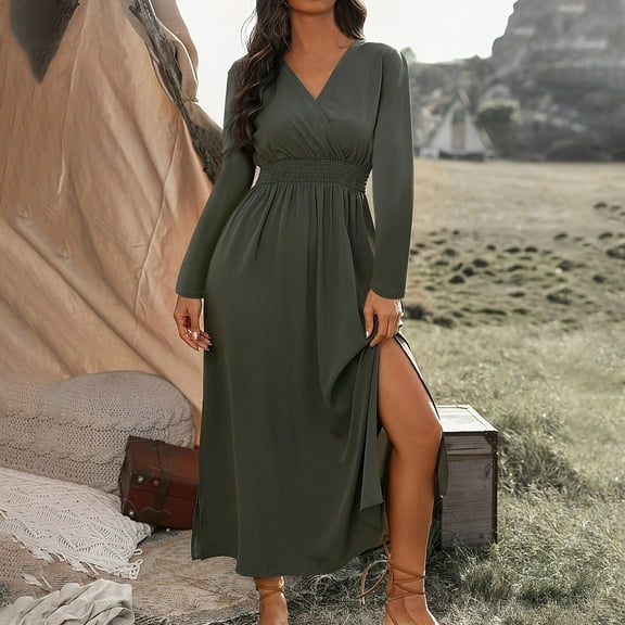 Roncen Women's Solid Color Long Sleeve V-Neck Maxi Dress - Elastic Waist with High Slit Design, Elegant Flowy Casual Dress for Daily Wear, Office, Evening Occasions