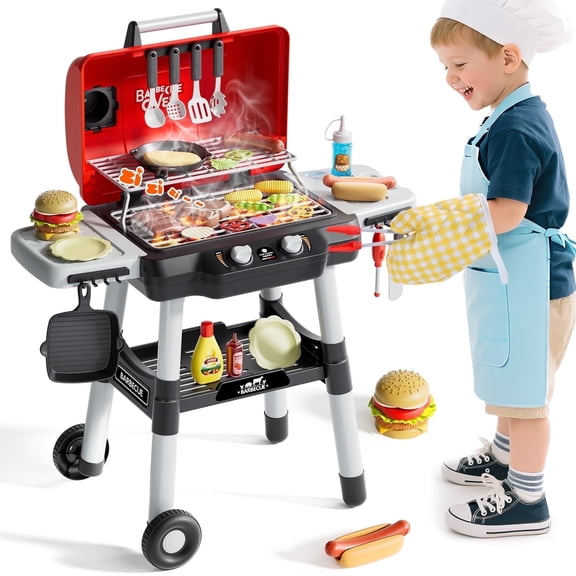 WonderStone 36 PCS BBQ Grill Playset, Kids Kitchen Play Food with Movable Wheels, Smoke Sound & Adjustable Light, Camping Pretend Play Cooking Toys Gift for Toddlers Ages 3-6