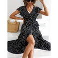 thumbnail image 5 of Women'S Polka Dots Short Sleeve V Neck Wrap Dress Tie Side Ruffle Midi Dresses Black L, 5 of 8