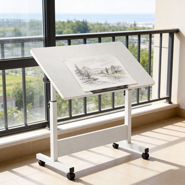 DSstyles Standing Small Computer Desk with Wheels, 2-in-1 Art Table Height Adjustable Standing Desk Workstations for Study Classroom Draw-Studio Home&Office, White