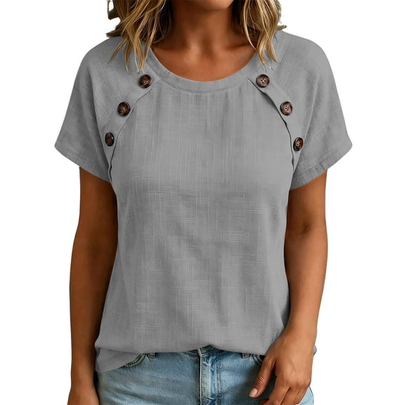 Perfectbot Women's Crew Neck Linen Blend Top with Decorative Side Buttons, Casual Short Sleeve Summer Blouse
