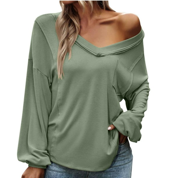 Camiseta de manga larga de punto con cuello en V para mujer, Color sólido, cómoda, informal, para otoño e invierno, Top que combina con todo Pompotops FGAJ16381