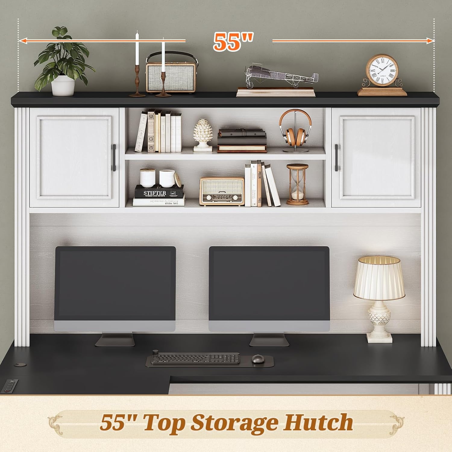 Farmhouse L Shaped Desk with Hutch and 3 Drawers, 68.9" Executive Office Desk with Power Outlet Open Shelves, Elegant Corner Desk Computer Desk with Storage Shelves for Home Office, White