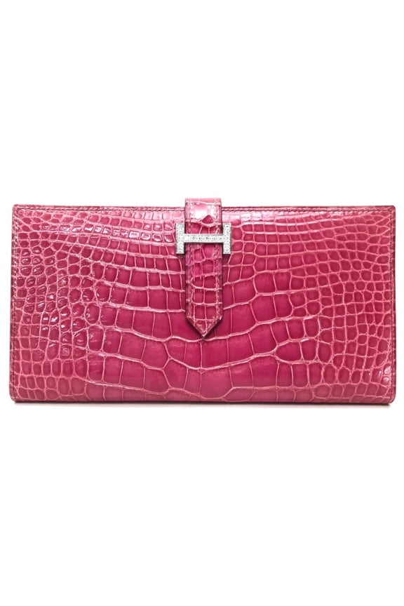 Pre-Owned HERMES Bearn Soufflet Diamond Bi-fold Long Wallet K18WG Women's Fuchsia Pink
