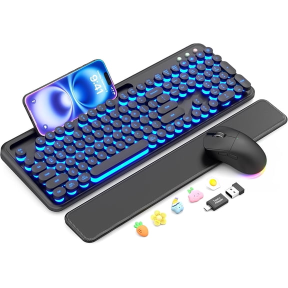 Wireless Keyboard and Mouse Combo, Backlit Typewriter Keyboard with Round Keys, Magnetic Wrist Rest & Phone Holder, Rechargeable 2.4GHz Set for Mac, Windows, PC – Black