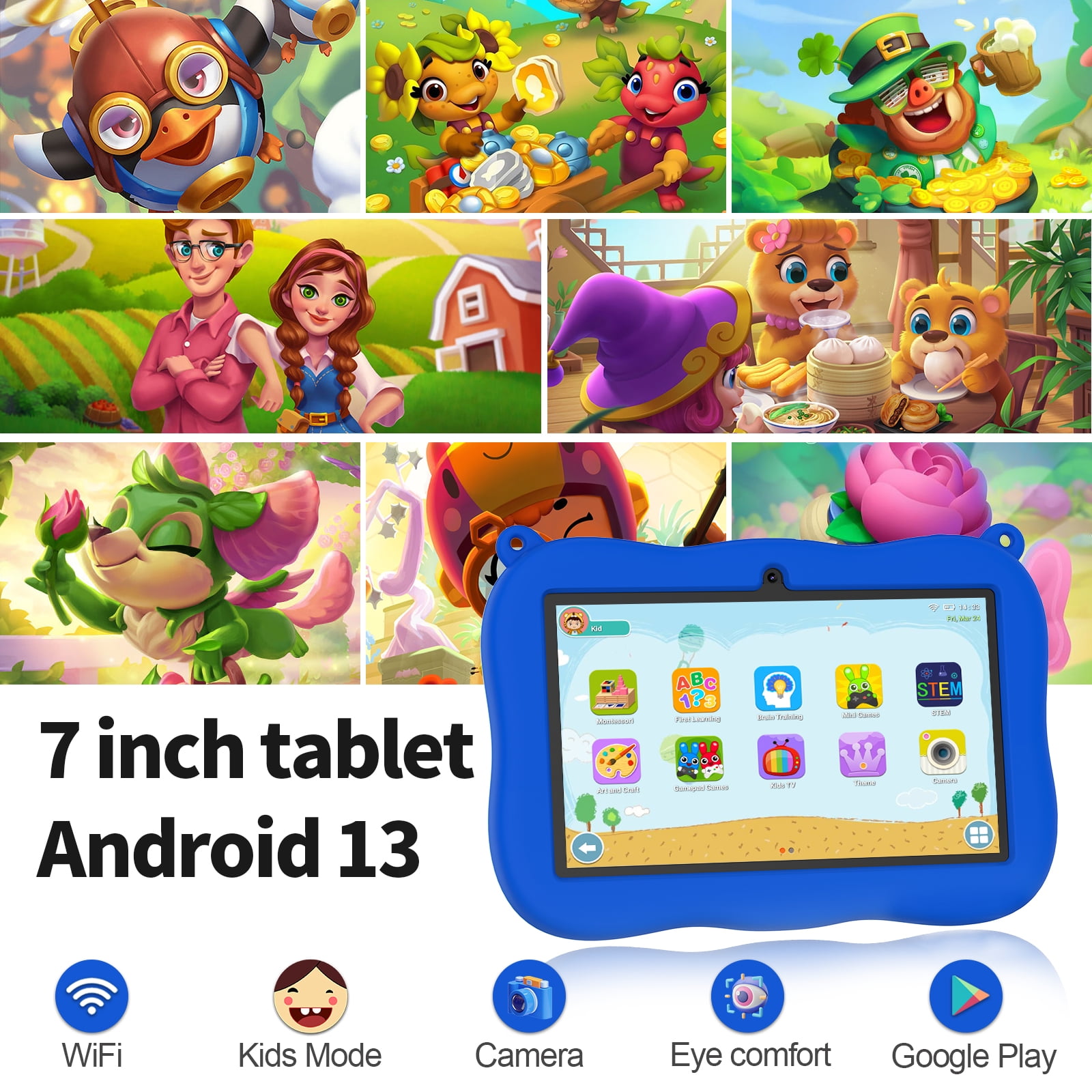 Tablet 7 inch Kids Tablet,Android 13,4GB RAM 32GB ROM,1024x600 Touch Screen with Kid-Proof Case Parental Control,Blue