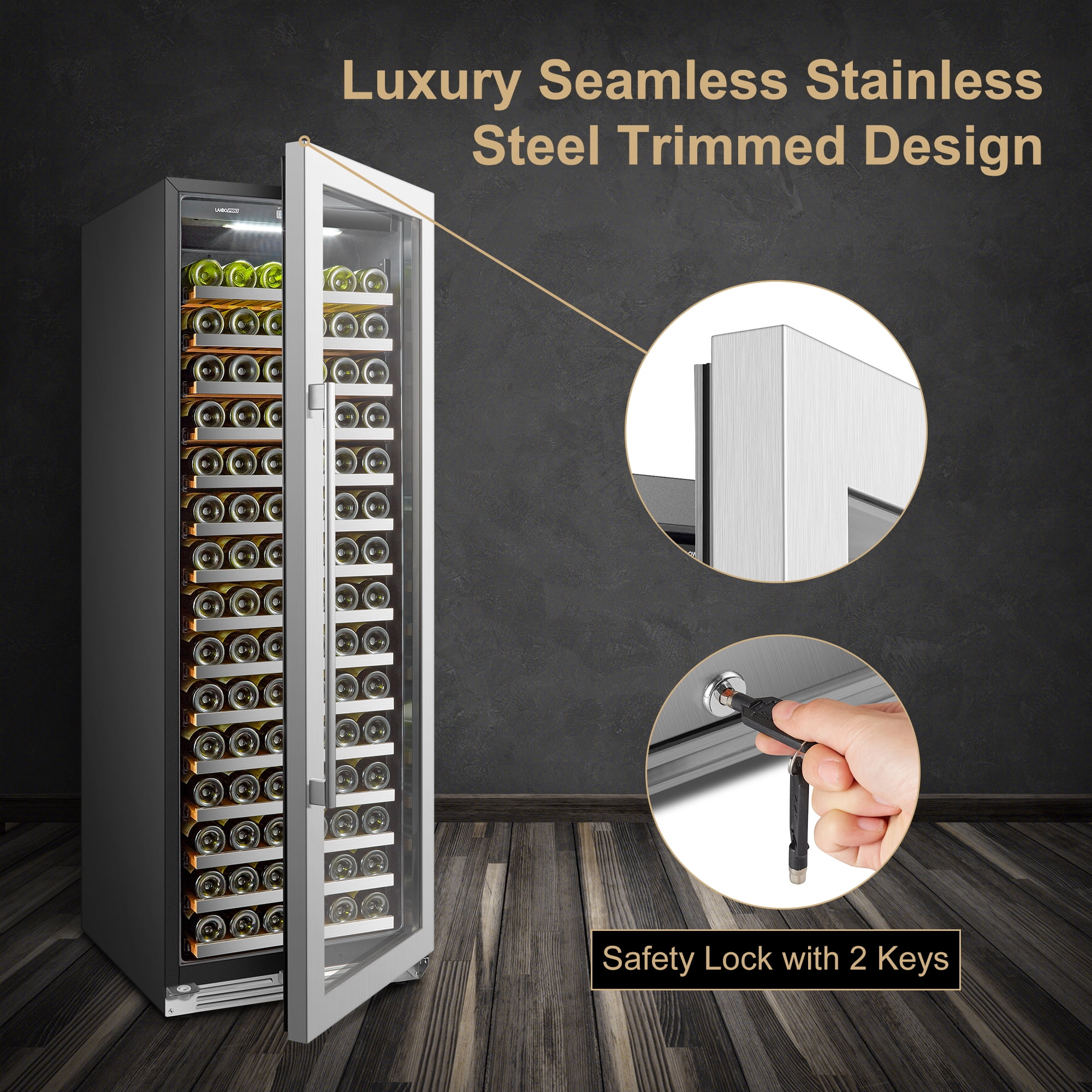 Lanbopro 164 Bottles 24 inch Width Single Zone Wine Cooler in Seamless Stainless Steel