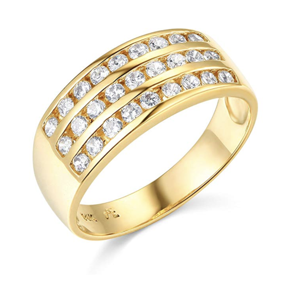 2 Ct Round Real 14k Yellow Gold 3-Row Channel Set Wedding Anniversary Band Ring